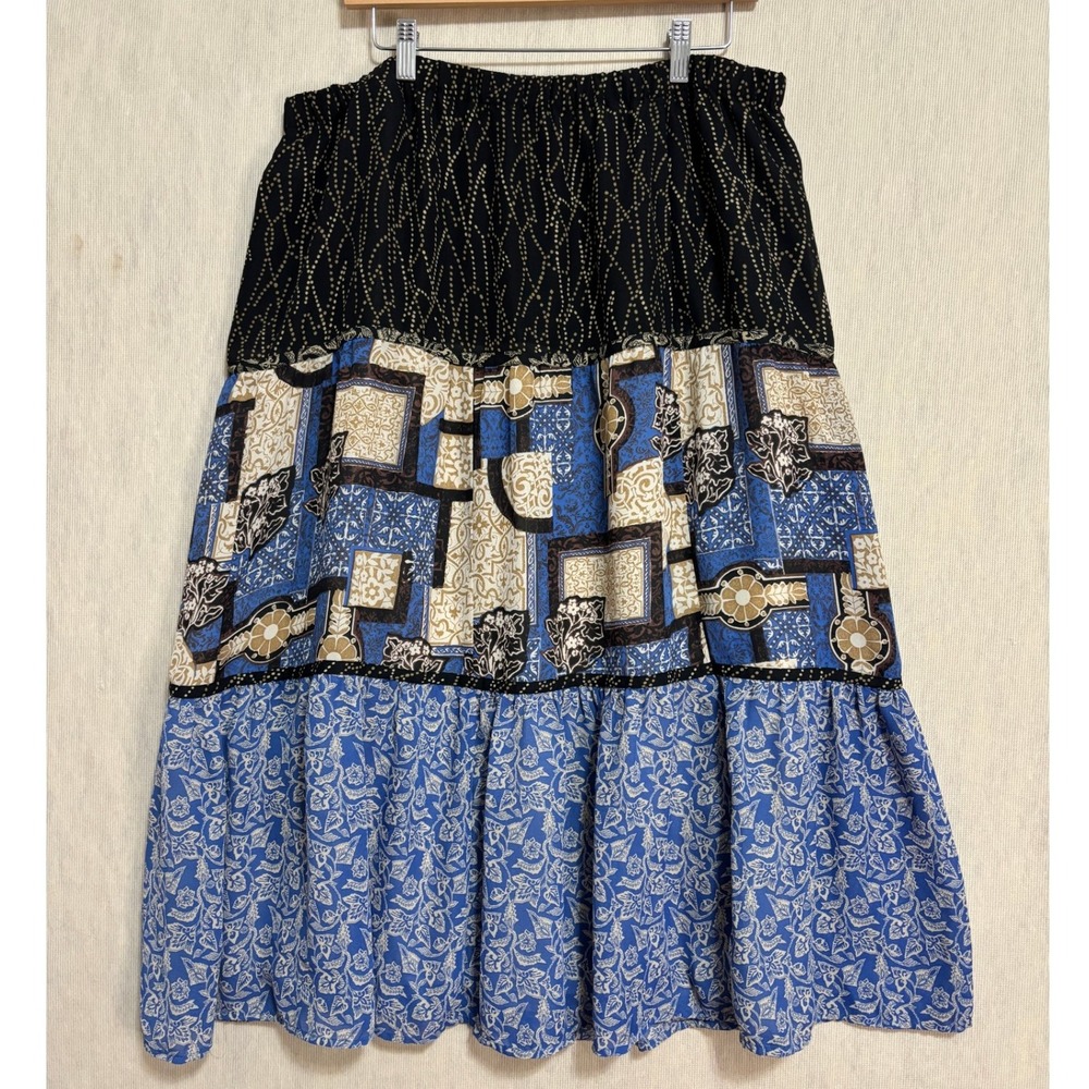 KOOS Maxi Skirt Blue Mixed Print Boho Tiered Art-to-Wear Festival Eclectic 1X